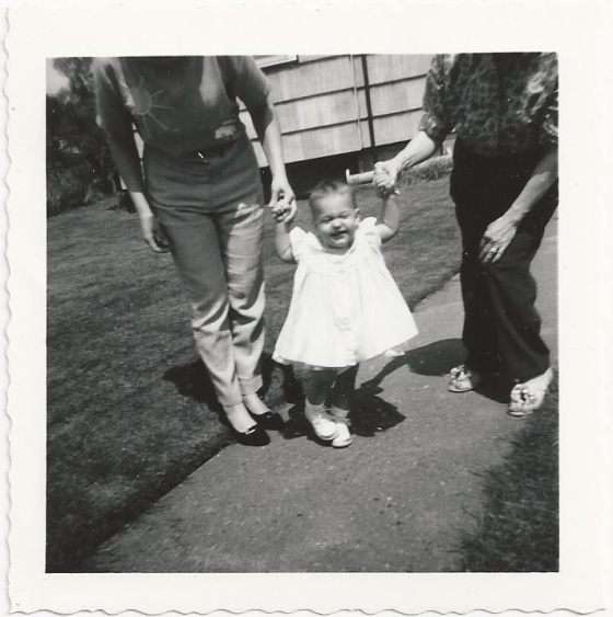 Karen walking with mom and Hazel_backyard of 228 South 59th_Tacoma_May 1960