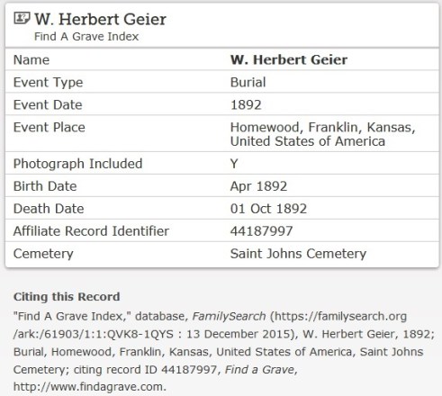 Geier W Herbert_death record FSearch_b April 1892 d 1 Oct 1892