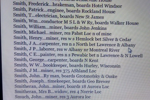 Smith Josiah Alfred_1892 Ironwood MI city directory_residence noth side of North betw Lawrence and Albany